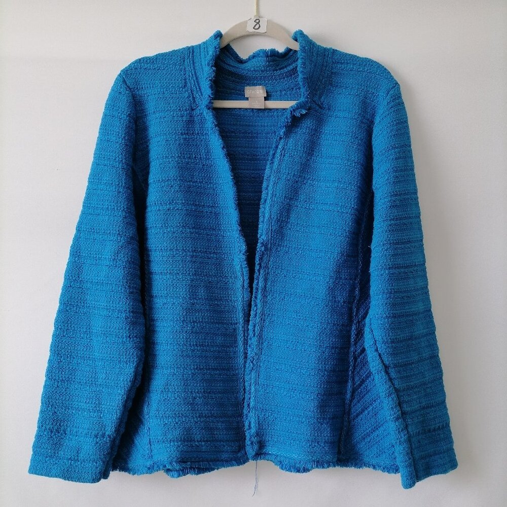 Chico's Women's Blue Frayed Hem Open Front Cardigan Sweater Size 3 US XL